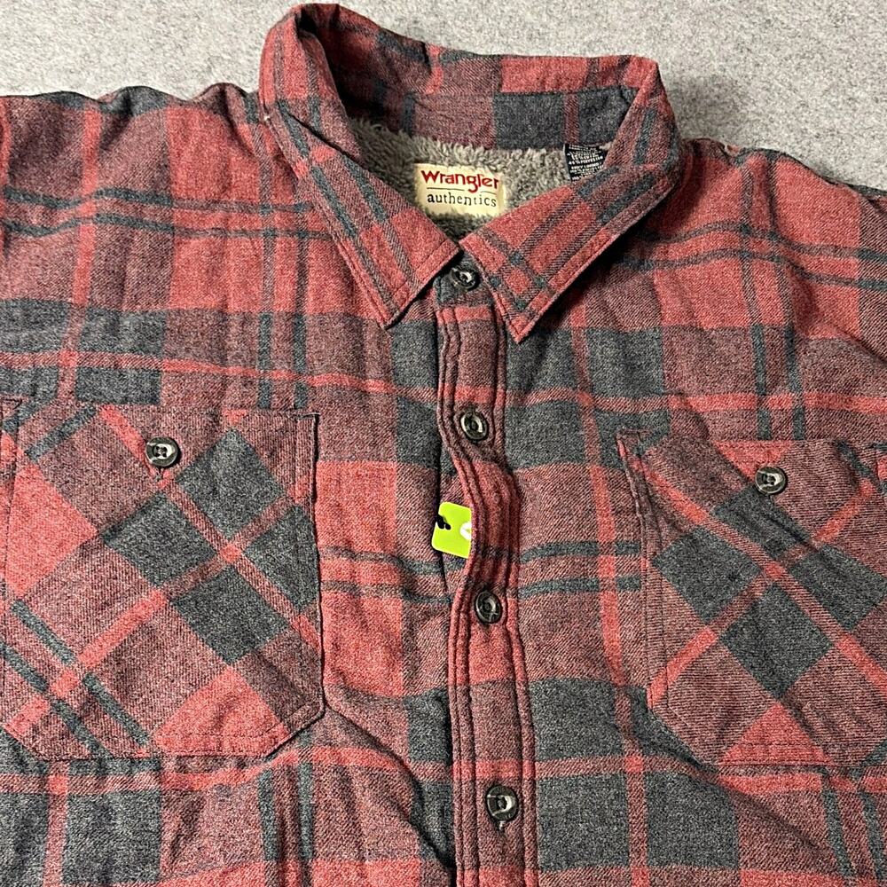 wrangler authentics mens 3XL plaid flannel sherpa lined button up shirt red gray